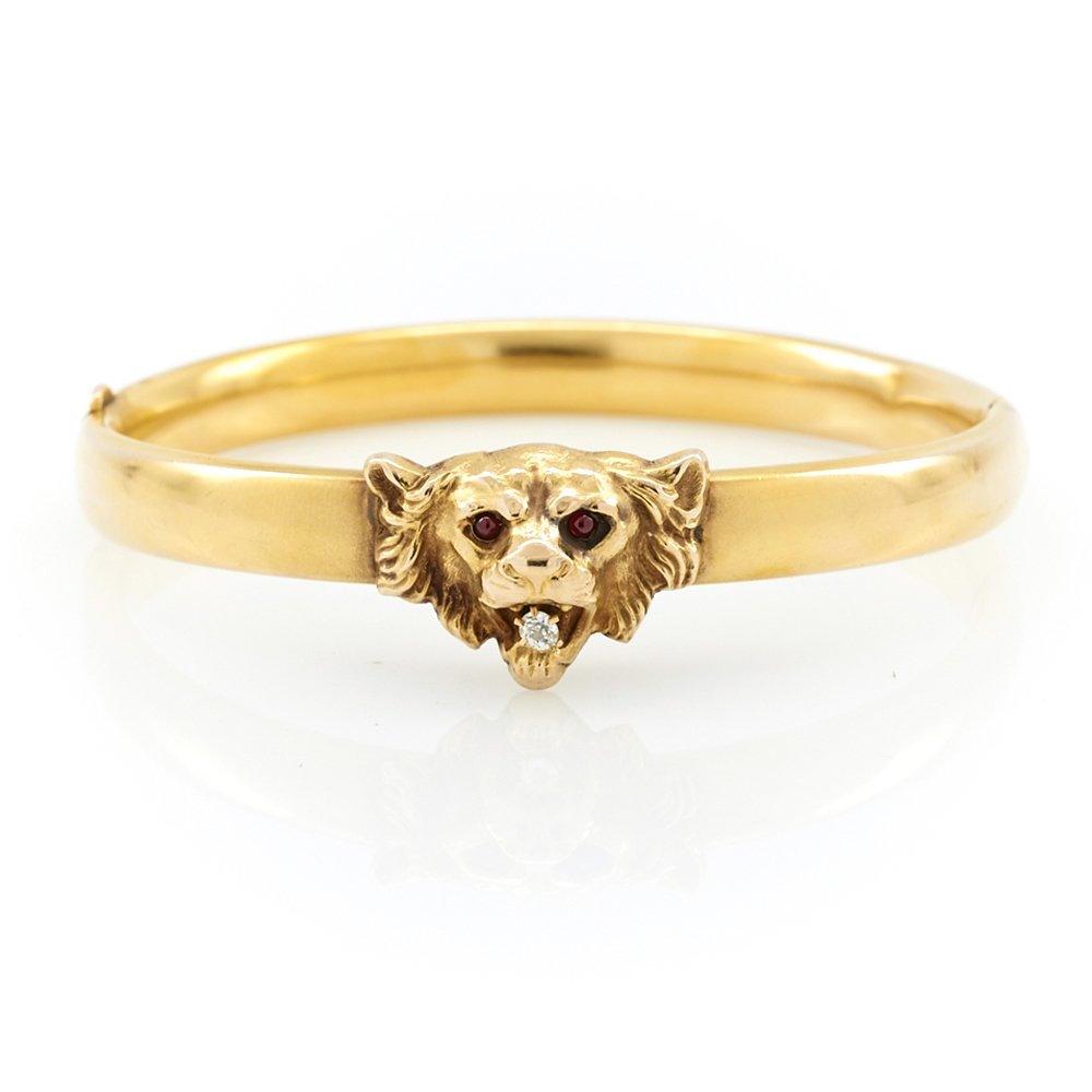 14k Yellow gold, diamond & garnet Victorian lion head (1 of 1)