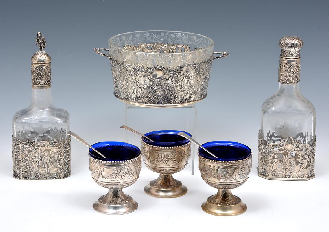 Grouping of German silver salt cellars, two decanters, (1 of 1)