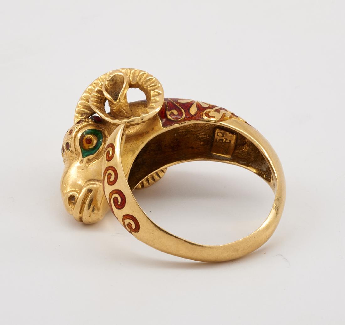 18k Yellow gold enameled ram's head Aries ring (1 of 4)