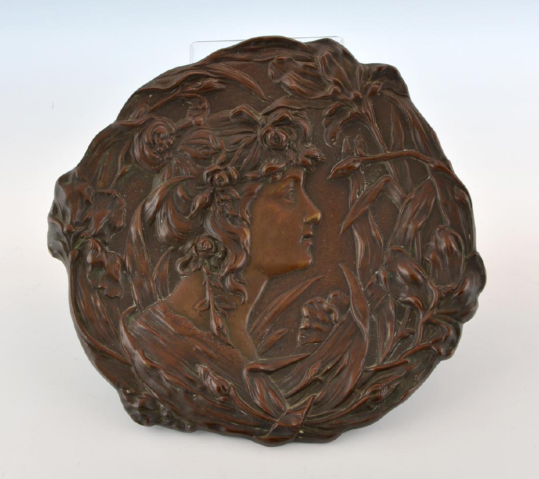 Bronze art nouveau plaque with figure of a woman (1 of 2)