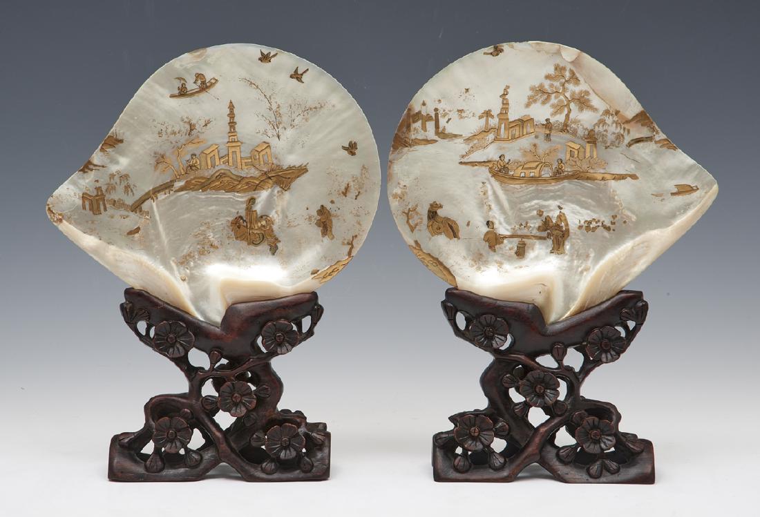 Chinese late Qing Dynasty painted shells on stands (1 of 2)