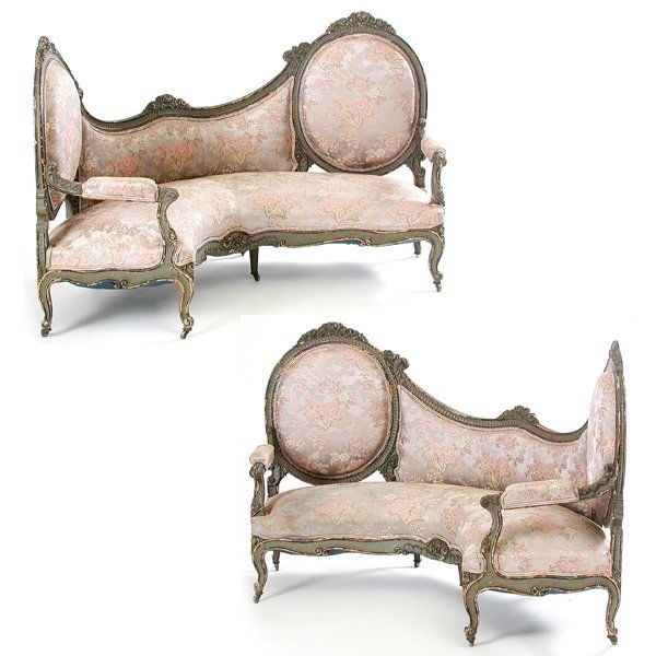 French Louis XV Style Settees, 19th. C: SETTEES. Pair of French Louis XV style settees, open arms with carved and painted floral decoration, carved skirts and cabriole legs with scroll feet, blue and grey painted frames over earlier gilt, l