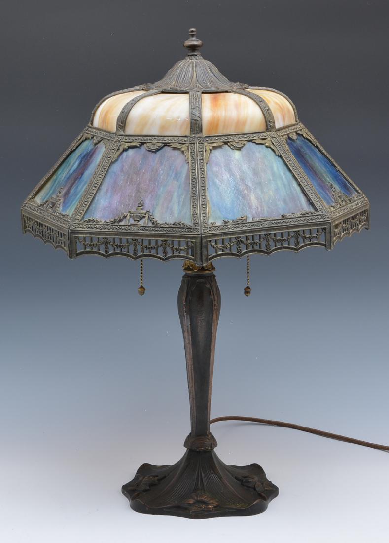 Stained glass table lamp with shaped overlay shade (1 of 3)