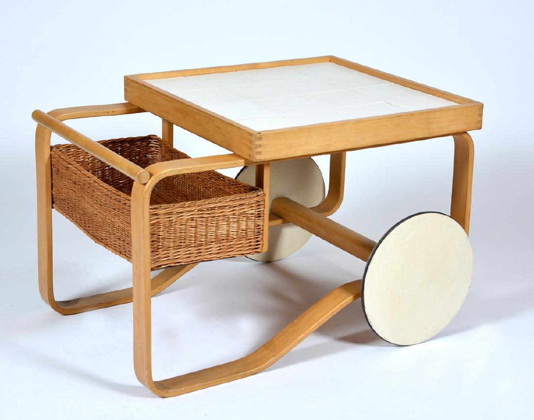 Aalto Alvar design for Altek bar cart: Aalto Alvar design for Altek bar cart. Measures appx 23" t x 36" l x 26" w. One tile with hairlines and one slightly raised.