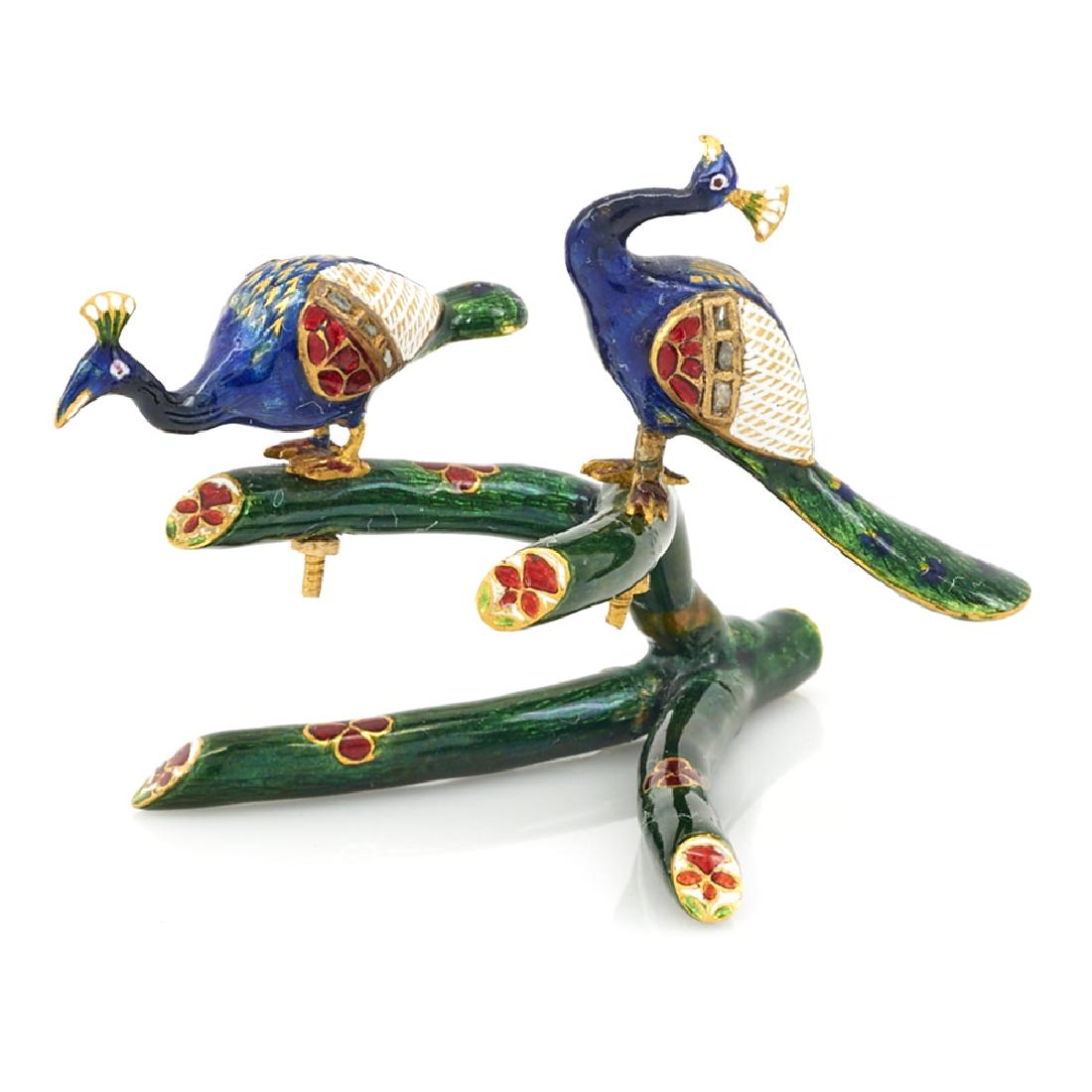 24k clad Mughal style enamel bird grouping: 24k Yellow gold clad Mughal style enamel bird grouping with diamonds, 57.7g. Measures appx 3" at its longest. Some cracking and losses to green enamel at bottom juction of "branch". Small break at bir