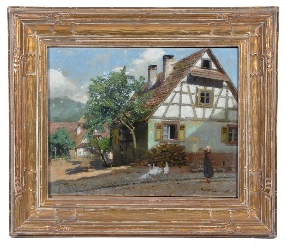 German School, Cottage Scene, oil on canvas, signed (1 of 4)