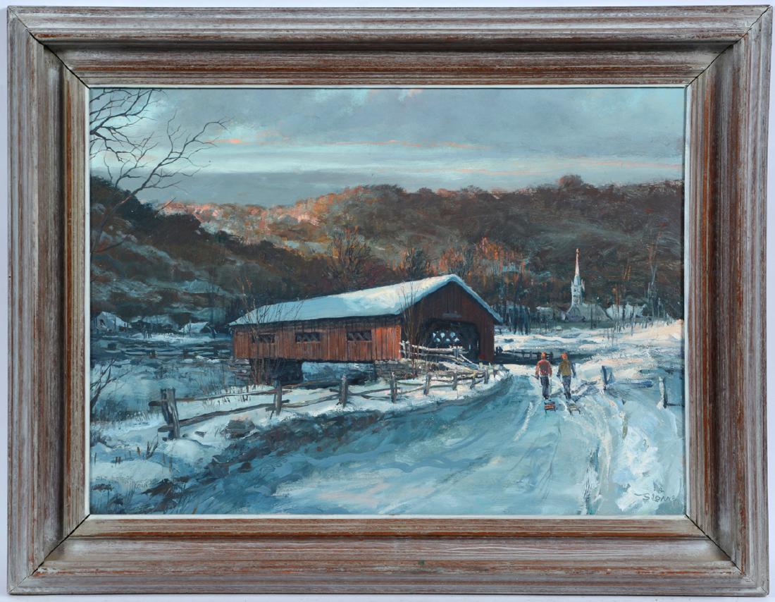 Eric Sloane, oil on masonite, "Old Bridge": Eric Sloane, oil on masonite, Covered Bridge. Signed lower right "Sloane". Titled lower left "Old Bridge Near Washington Con". Signed verso "Eric Sloane Brookfield Con". Measures appx 16" x 22" and 21