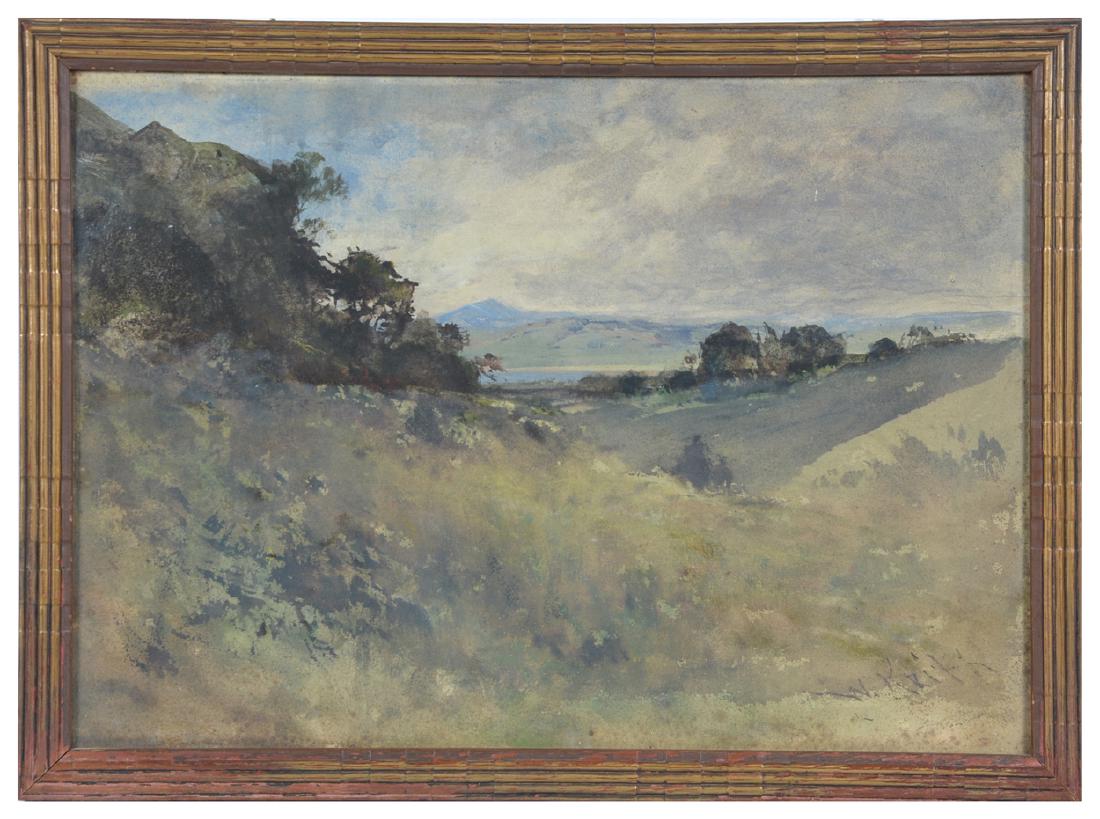 William Keith watercolor, Mt. Tamalpais, Marin County: William Keith watecolor, view of Mt. Tamalpais, Marin County CA. Signed lower right. In original frame labeled "H. S. Swasey Berkeley CA" verso. In good untouched condition. Measures appx 13 3/4" x 19
