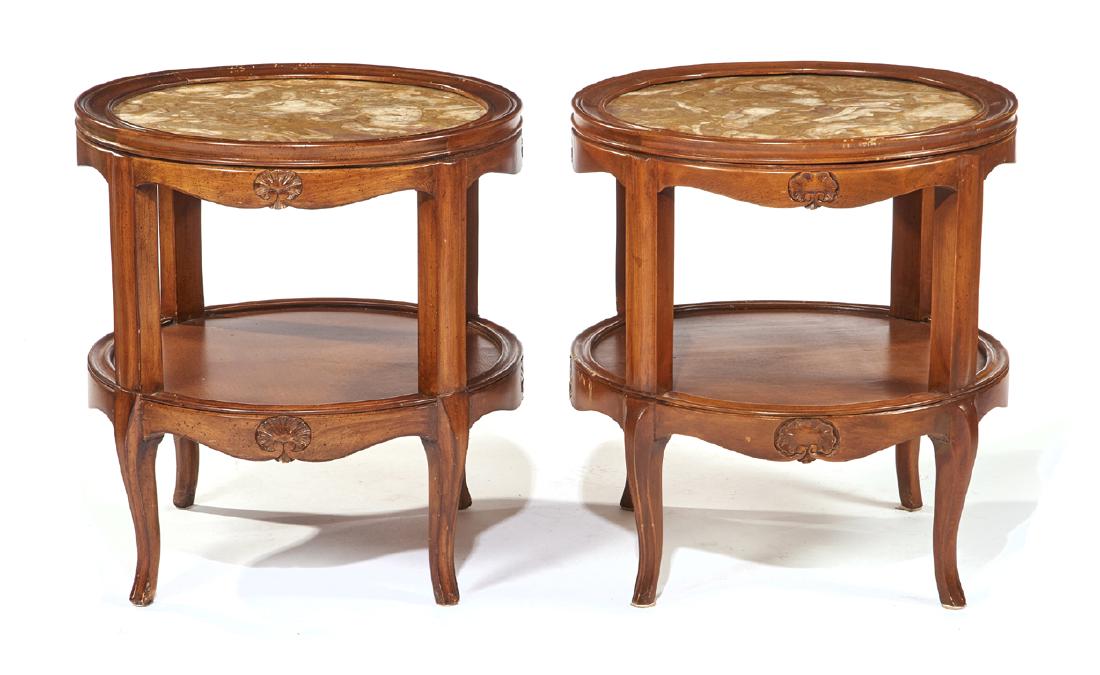 Pair of marble inset hardwood circular side tables (1 of 1)