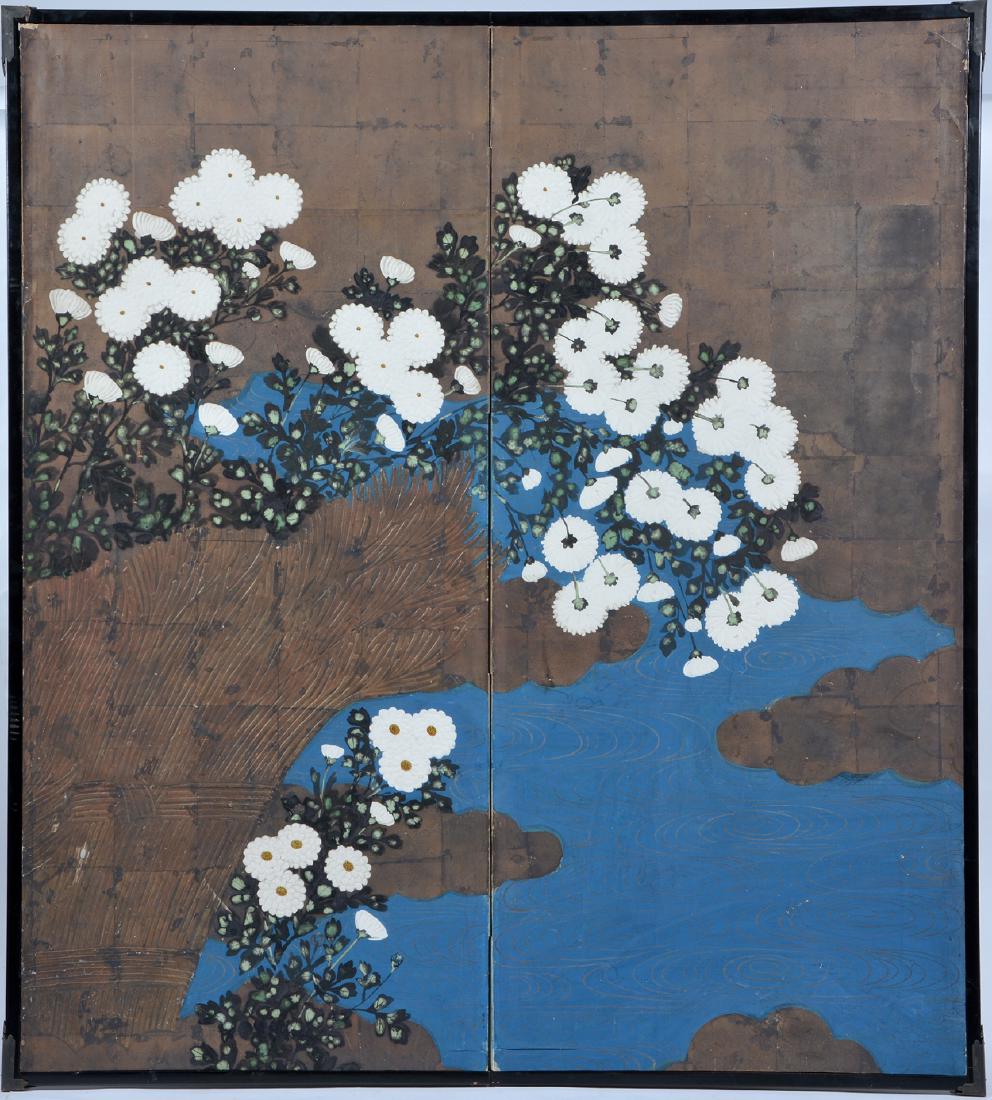Japanese two panel hand painted screen C 1850 (1 of 4)