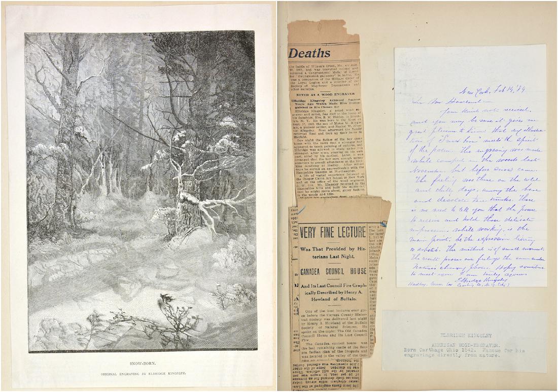 Elbridge Kingsley Handwritten letter with signature: Elbridge Kingsley (1842-1918), American Wood Engraver. Handwritten letter to Henry R. Howland dated February 14, 1889 referencing poem and woodcut both named "Snow Born". With signature / autograph an