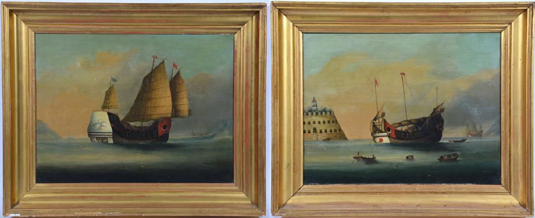 19th c. China Trade Macao Port Paintings with Junks (1 of 9)