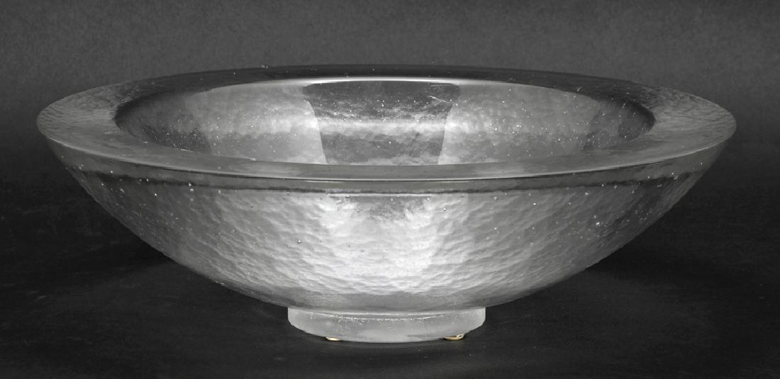 American cast glass circular bowl, John Lewis, 13 5/8: American cast glass circular bowl with wide knife edge lip by John Lewis, 13 5/8" d x 4 1/4" t. Good condition.