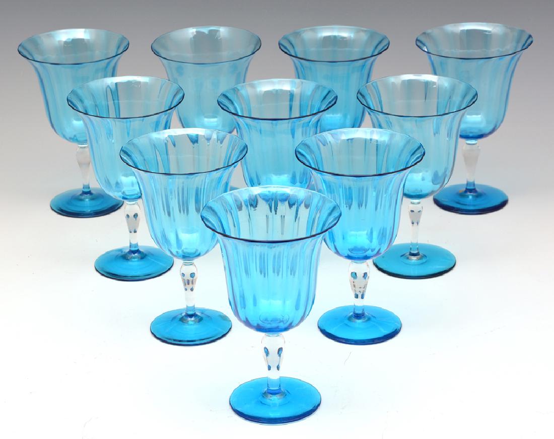 Set of 10, 1950s Murano turquoise wine glasses: Set of 10, 1950s Murano turquoise and clear bell-shaped wine glasses, appx 6 1/8" t.