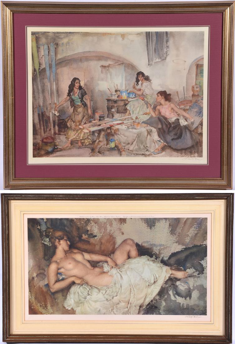 William Russel Flint (1880-1969), lot of 2 color prints: William Russel Flint (Scottish 1880-1969), lot of 2 color prints, Reclining nude and 3 women painting oars. Both signed in pencil lower right and artist embossed mark lower left, good condition. Viewe