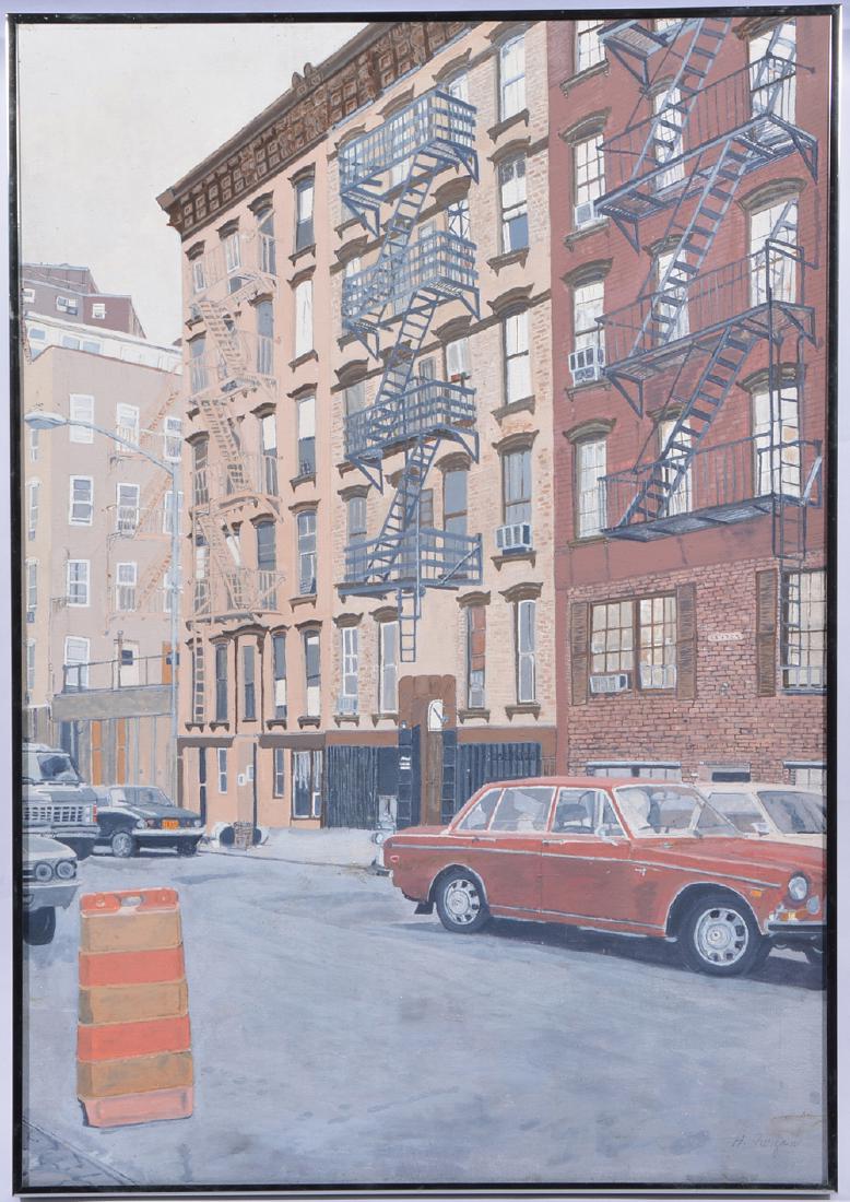 1970s New York street scene; signed H. Farzain; acrylic (1 of 4)