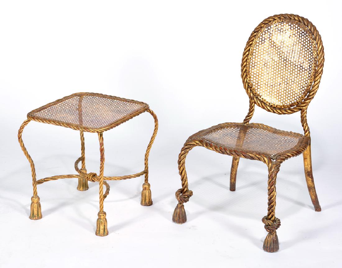 Italian gilt wrought iron rope twist armchair and stool (1 of 1)