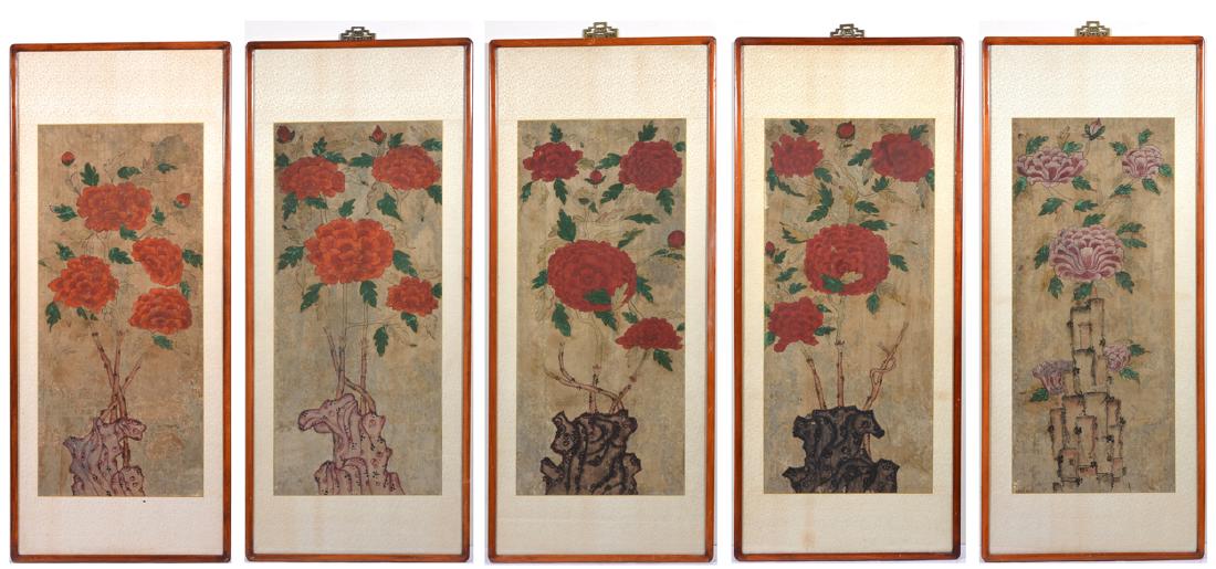Grouping of 5 Early Korean Peony Paintings (1 of 13)