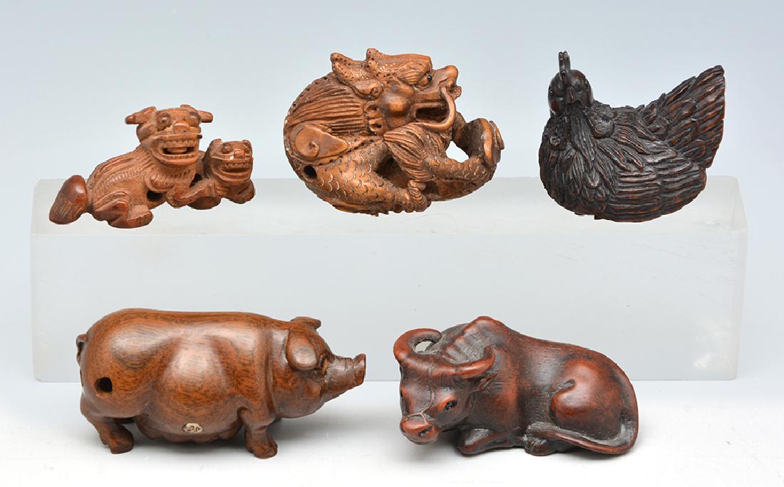 5 Japanese Carved Hardwood Animal Netsuke (1 of 3)