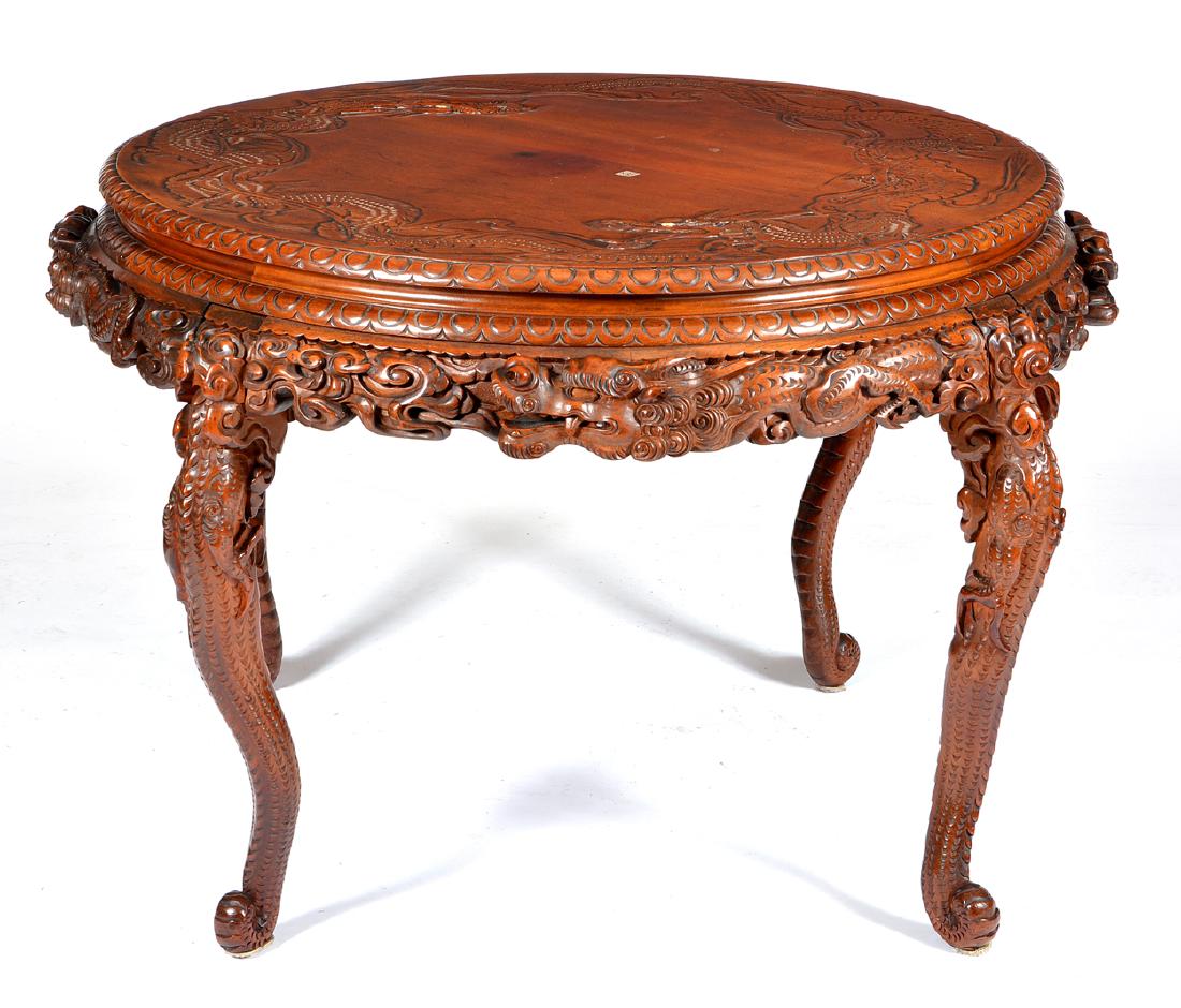 Japanese Tomekichi Suzuki carved dragon center table: Japanese Meiji carved wood dragon center table. With inset makers mark for Tomekichi Suzuki. Measures appx 30 3/4" t x 48" diameter.