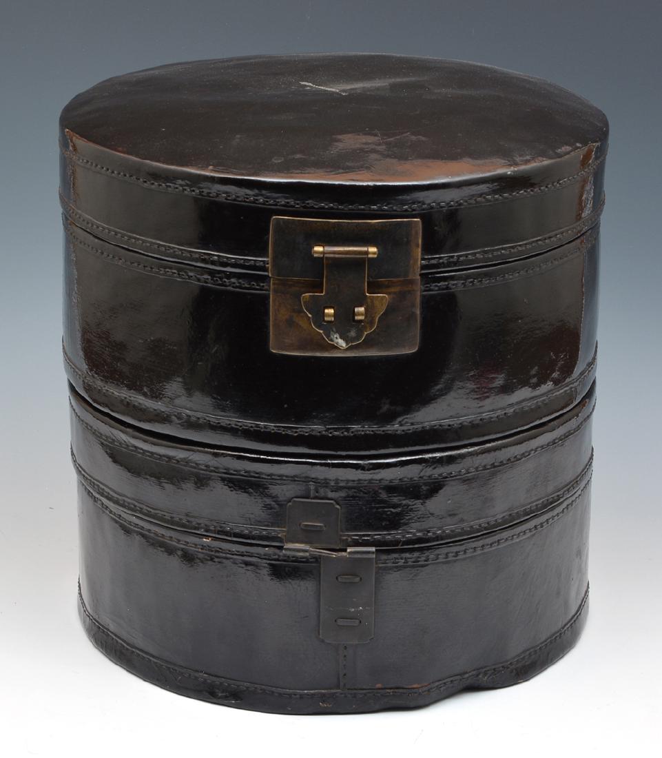 Chinese hat box, 2 compartment, leather and metal. (1 of 2)