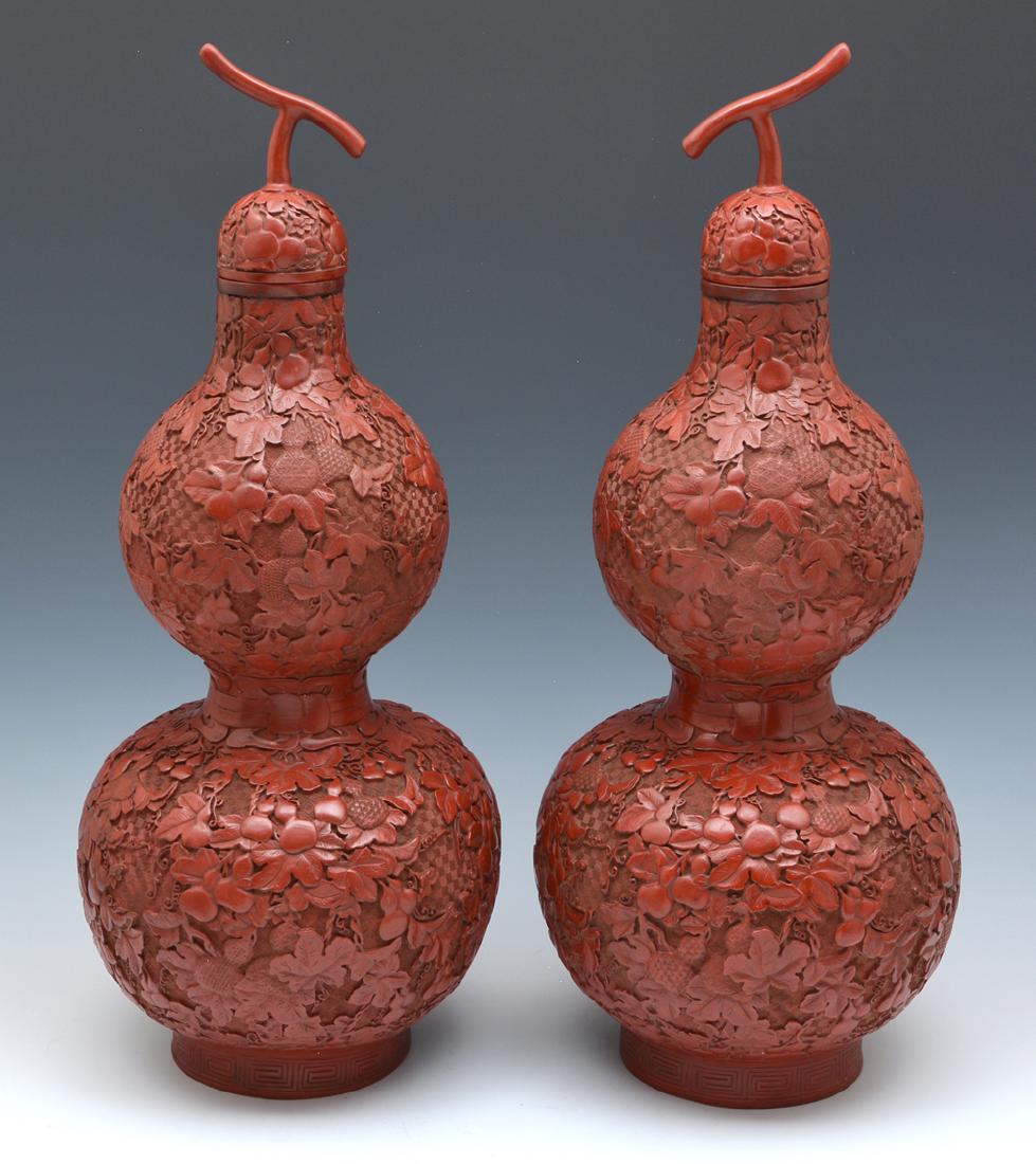 Pr Chinese red cinnabar double gourd vases w/covers, 24 (1 of 10)