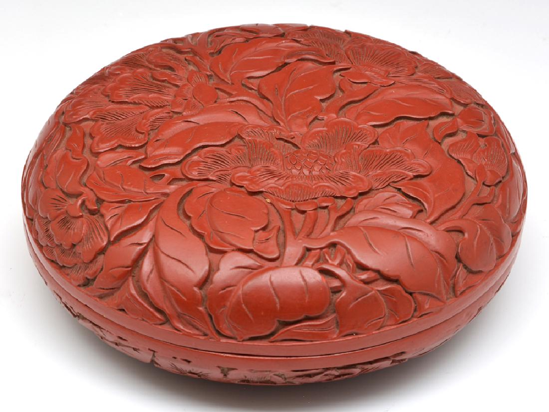 Chinese red cinnabar 2-sided circular box, 6 1/2" d. (1 of 4)