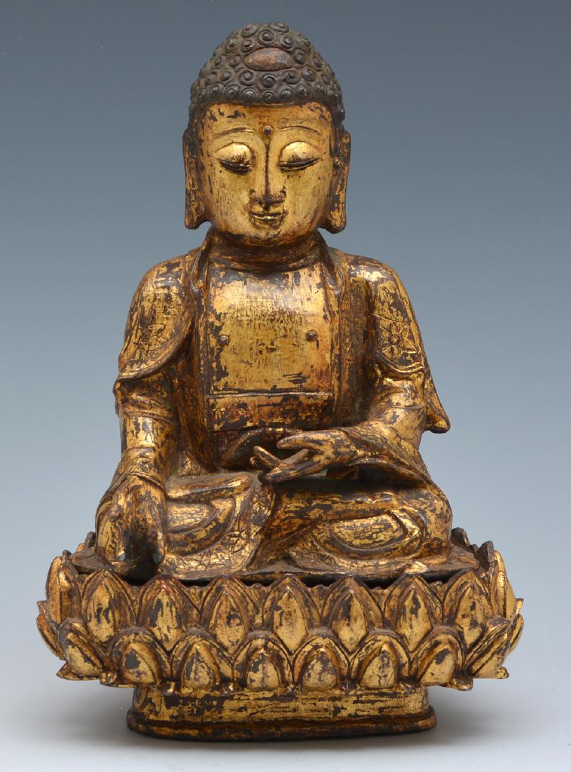 Chinese gilt bronze seated Buddha, 10 1/2" t.: Chinese gilt bronze seated Buddha seated on a separate lotus throne, 10 1/2" t x 7 1/4"w