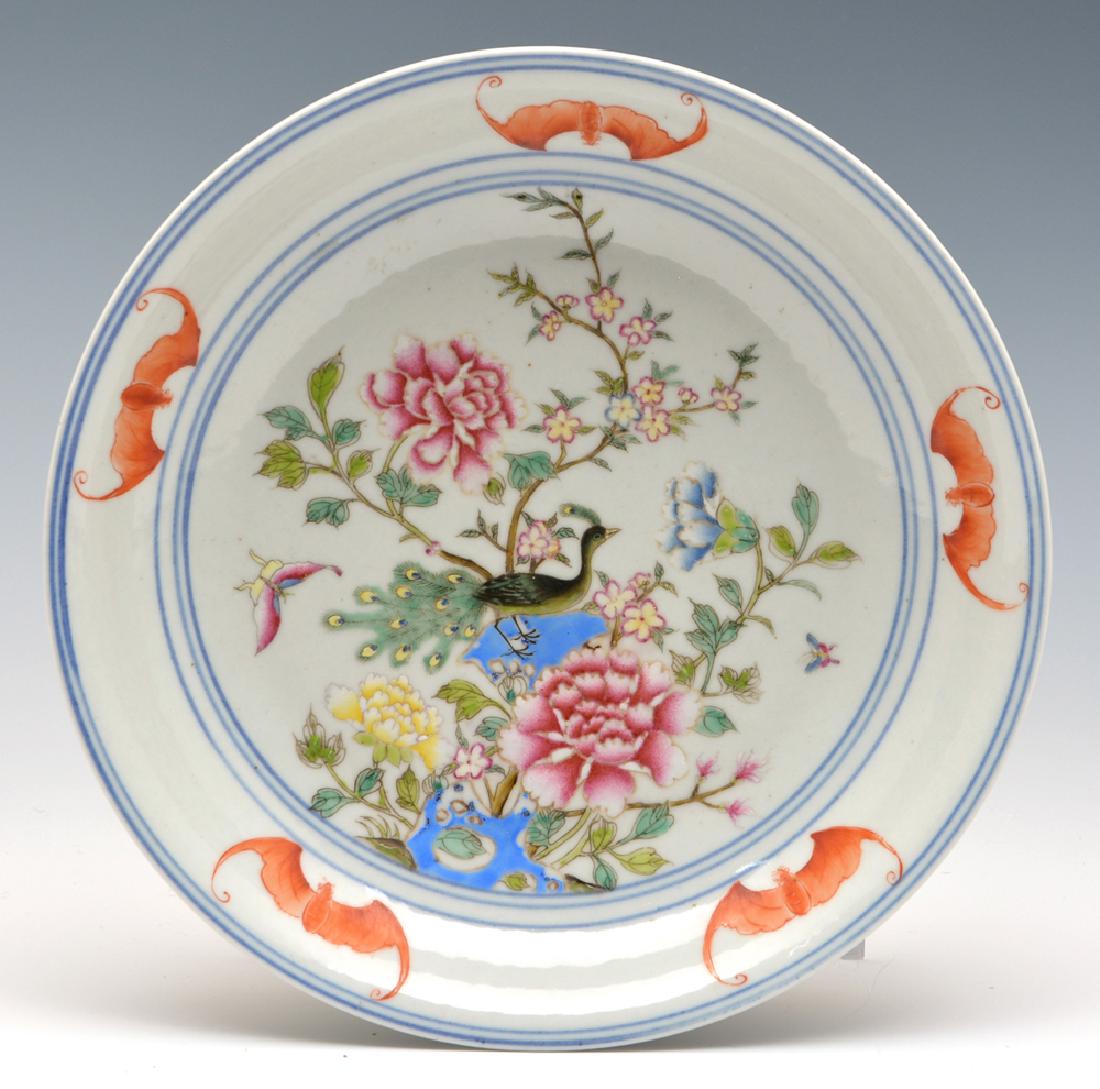 Chinese famille rose dish with five bats, 9 1/4" d. (1 of 2)
