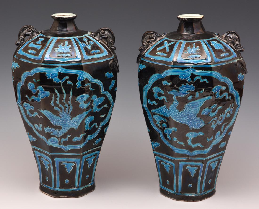Pair Chinese Fahua octagonal meiping vases, 13 1/2"t (1 of 4)
