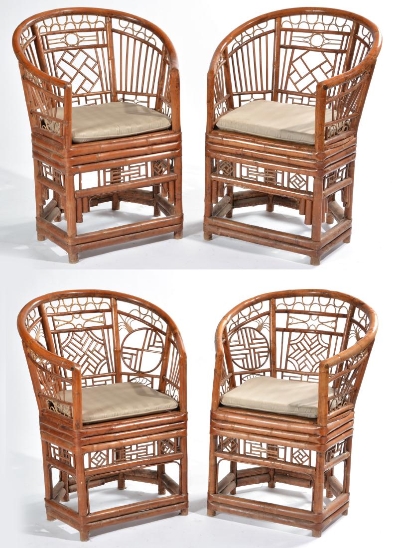 2 Pair of Chinese Bamboo Armchairs: 2 Pair of Chinese Bamboo Armchairs, 37 1/2" x 27" x 23". A few small sticks missing in round medallions as shown.