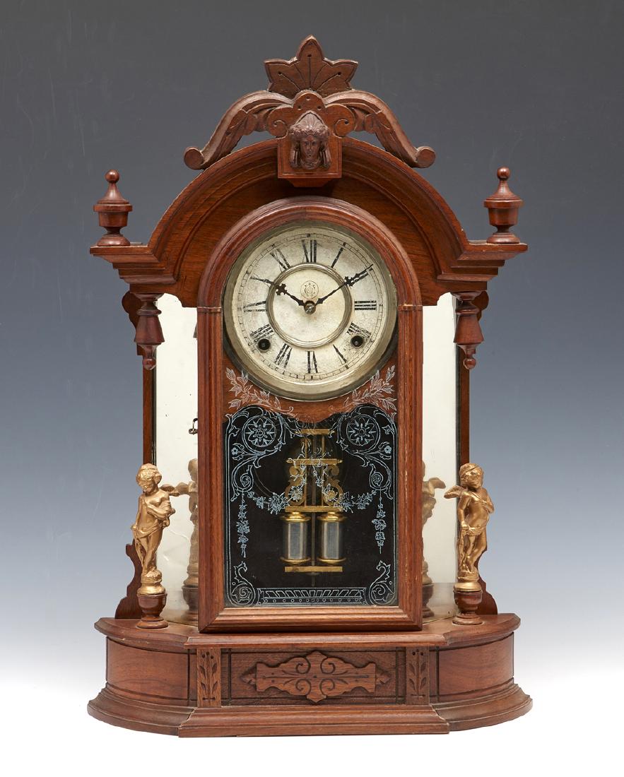 Waterbury walnut mantel clock with figures (1 of 2)