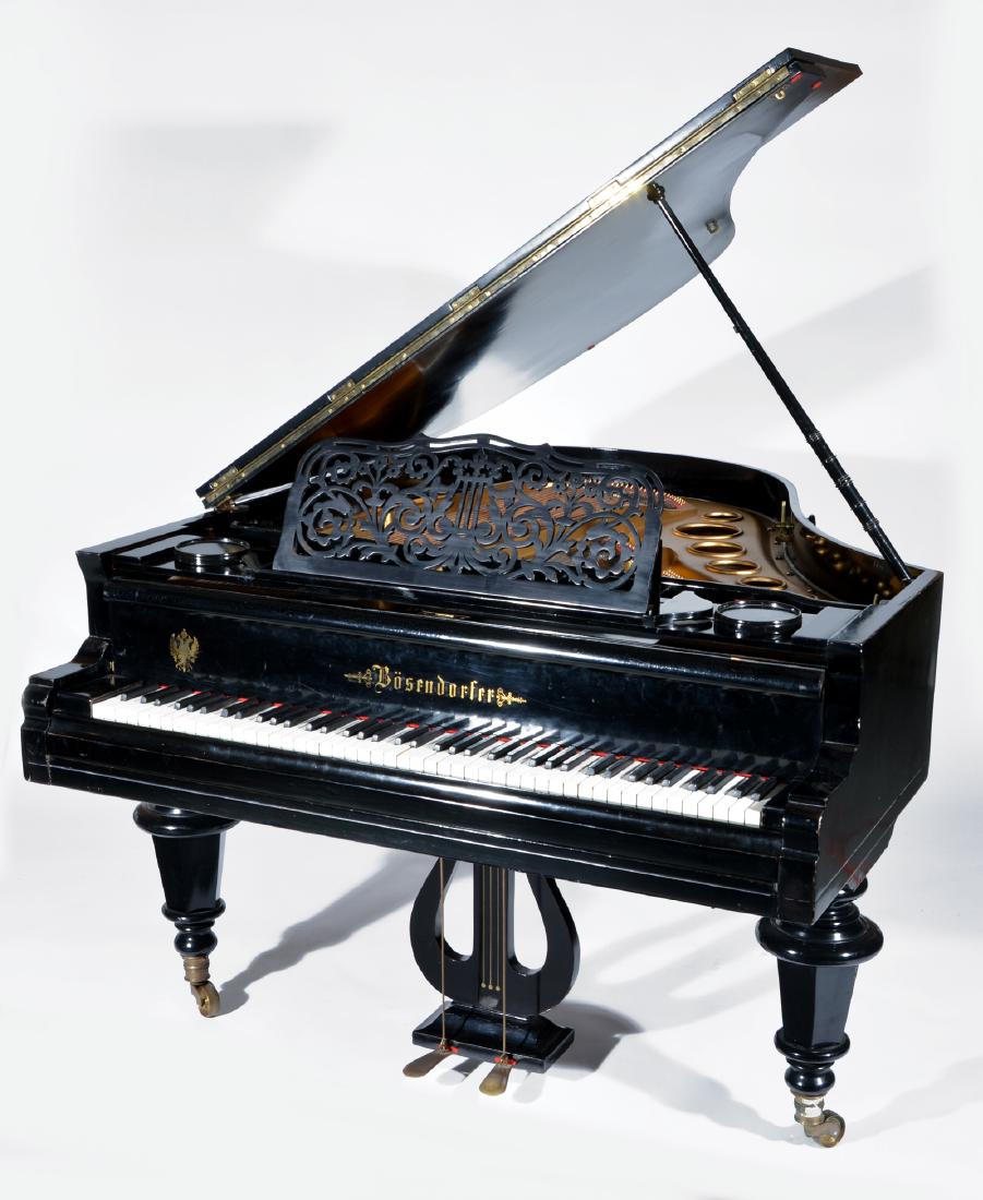 Bosendorfer grand piano, circa 1868: Bosendorfer grand piano, circa 1868, serial number 6352. Black lacquer finish, turned legs and brass capped caster feet. Also signed "Schneider" in pencil under music stand as shown. (Possibly Albin S