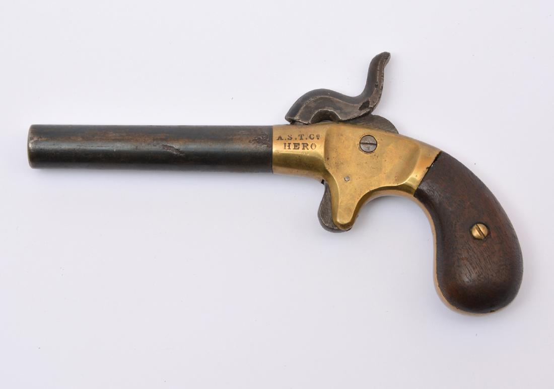 American Pistol 19th. C, "Manhattan Hero": American "Manhattan Hero" single shot boot pistol by A.S.T. Co., 6" l, good original condition.