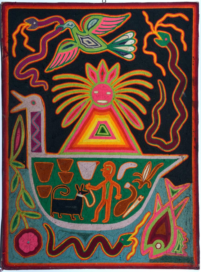 Framed Mexican Huicholes Yarn Painting,  La Barca, S.F. (1 of 3)