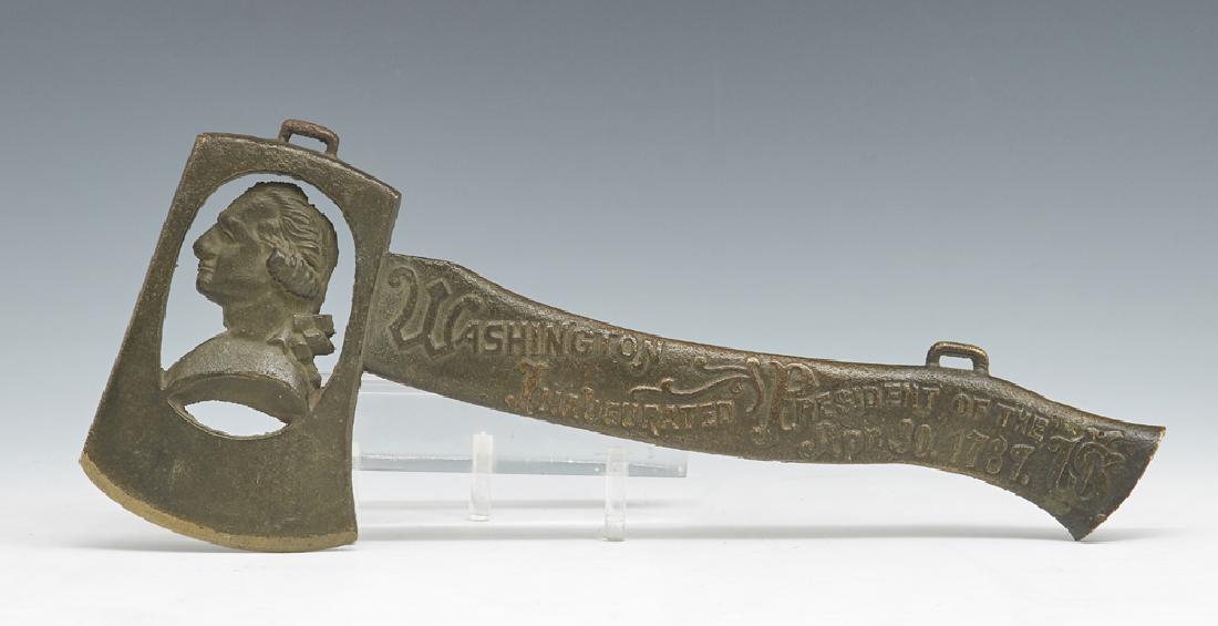 George Washington commemorative bronze hatchet: George Washington inaugural commemorative bronze hatchet, inscribed "Washington Inaugurated President of the US Apr 30 1789" with bust of Washington on blade. Appx 12"l. Very good condition.