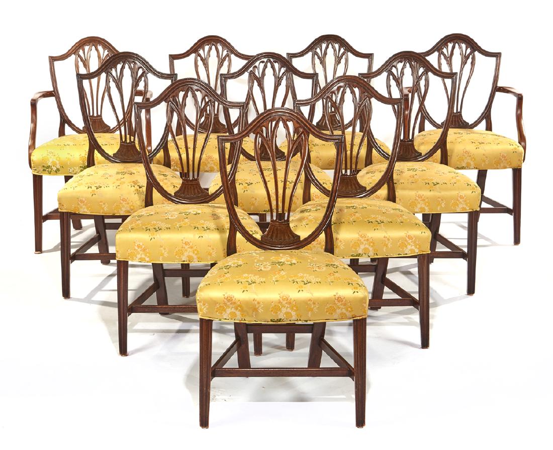 Set of ten George III style mahogany dining chairs: Set of ten George III style mahogany dining chairs. Including two armchairs and eight side chairs. Armchairs measure appx 38" t x 22 1/2" w x 16 1/2" d. Good condition.