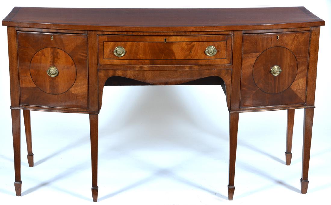 English mahogany sideboard with multiwood inlay: English mahogany sideboard with multiwood inlay and saber legs. Early 19th C. In very good polished condition. Measures appx 35" t x 60" w x 25" d.