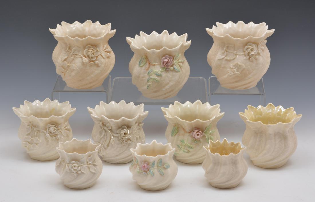 Irish Belleek Fluted Vase Grouping, 10 pcs. Tallest 8". (1 of 1)