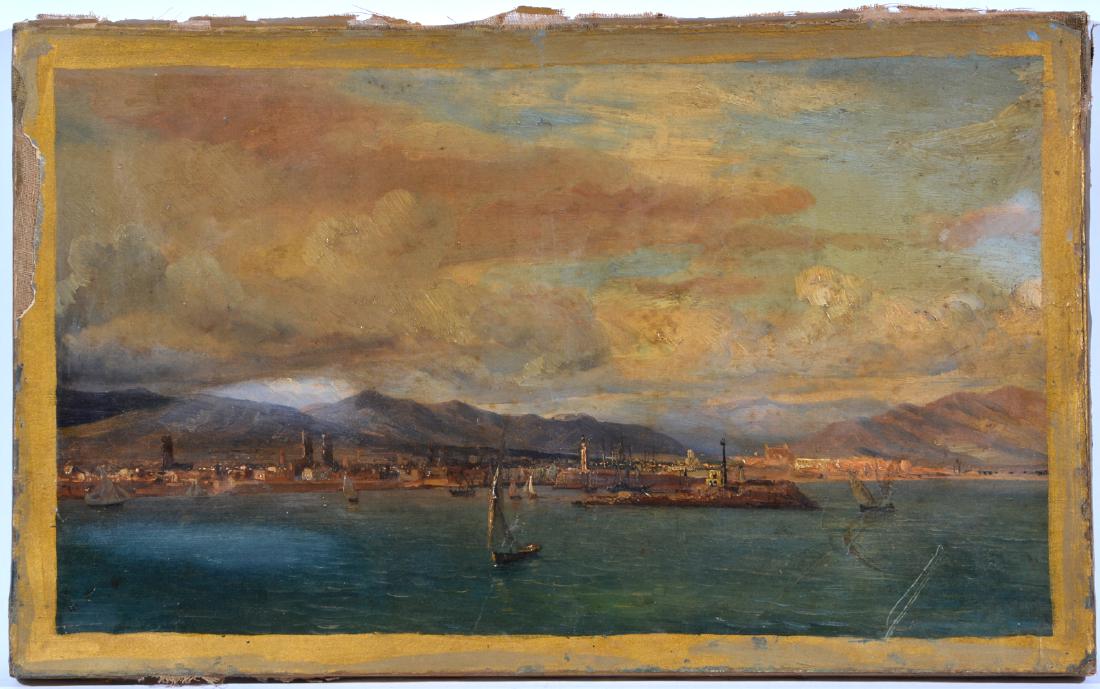 Theodore Gudin (Fr, 1802 - 1880), "Barcelona",: Theodore Gudin (France, 1802 - 1880), "Barcelona", Oil on canvas painting from the sea looking at the coast of Barcelona, Spain. Signed and titled on the stretcher verso. 15" x 24" unframed. Good cond