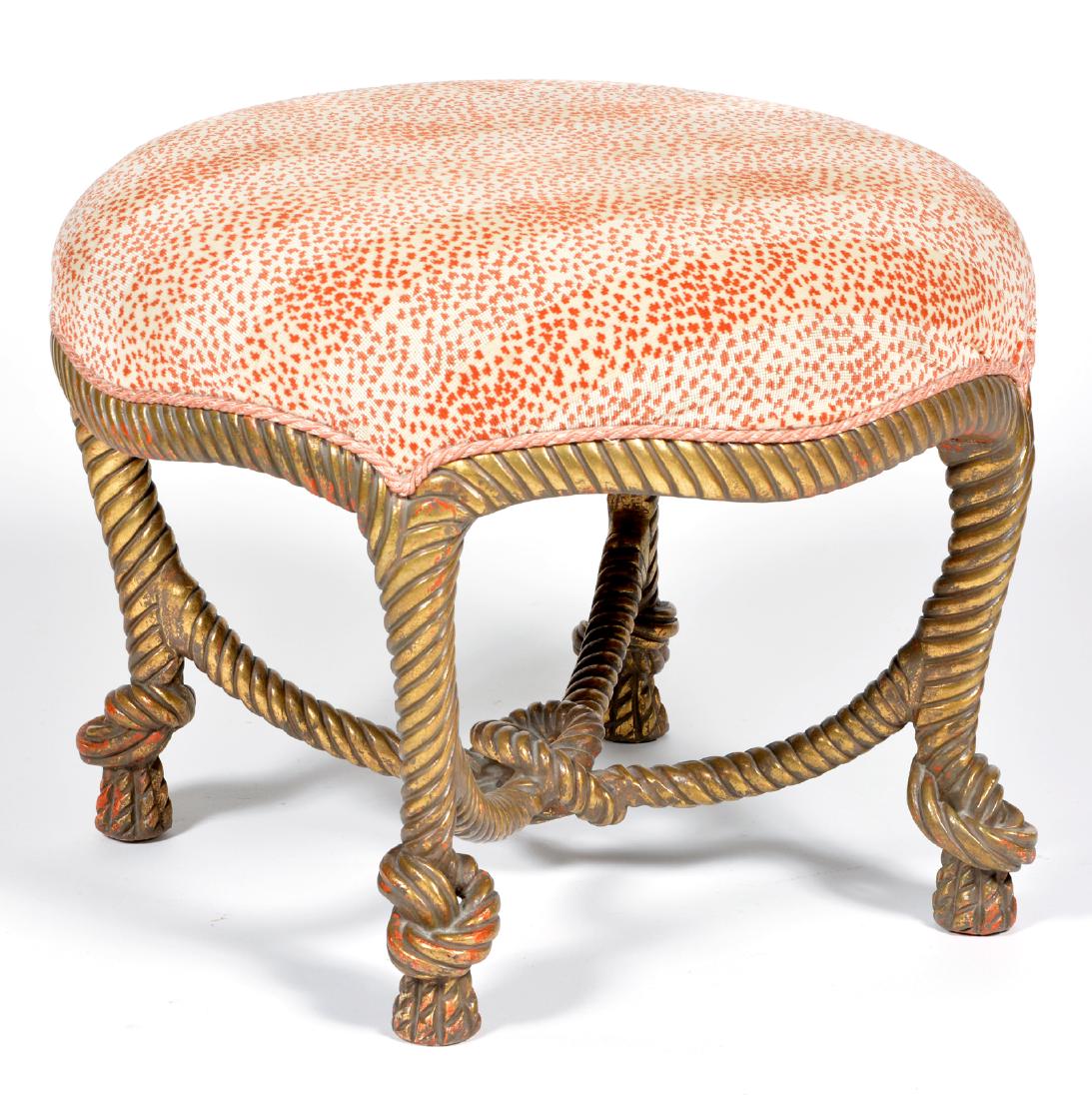 French Napoleon lll Gilt Framed Rope Twist Leg Ottoman.: French Napoleon lll Gilt Framed Rope Twist Leg Ottoman. 19" tall x 29 1/4" diameter. Very good condition.