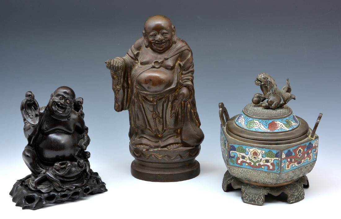 Asian Carved Buddha, Cloisonne Jar & Japanese bronze (1 of 8)