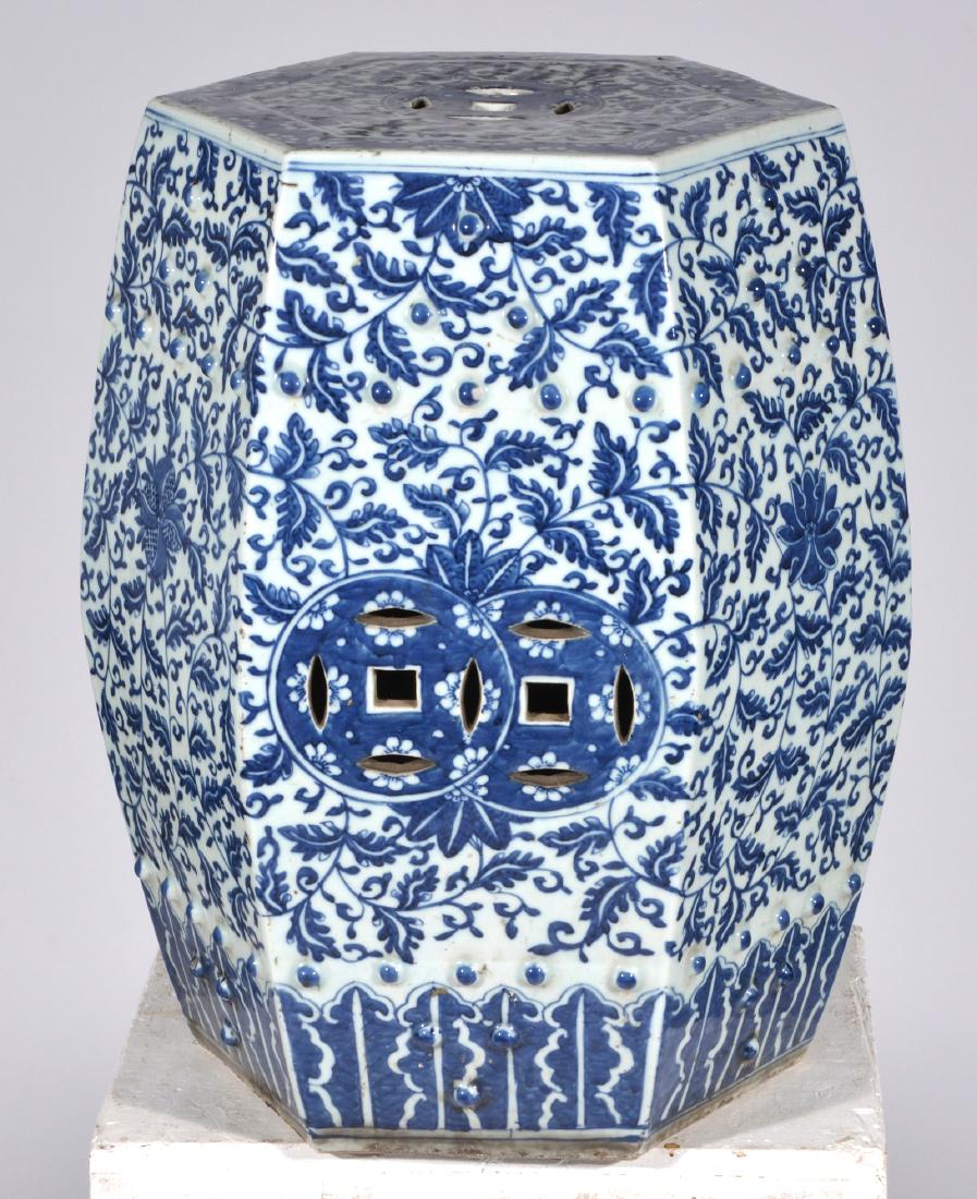 Chinese Blue & White Garden Seat, 18 1/2"t x 14" dia.: Chinese Blue & White Garden Seat, 18 1/2"t x 14" dia. Very good condition.