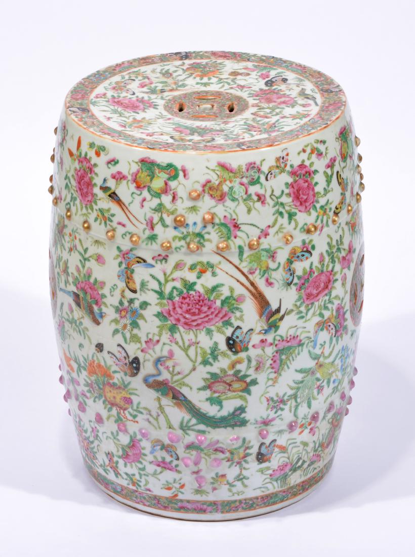 Chinese Famille Rose Garden Seat, 18 1/2" tall: Chinese Famille Rose Garden Seat, round and decorated with Phoenix Birds and Butterflies. 18 1/2" tall x 12 3/4" top diameter and appx. 14 1/2" diameter at center.