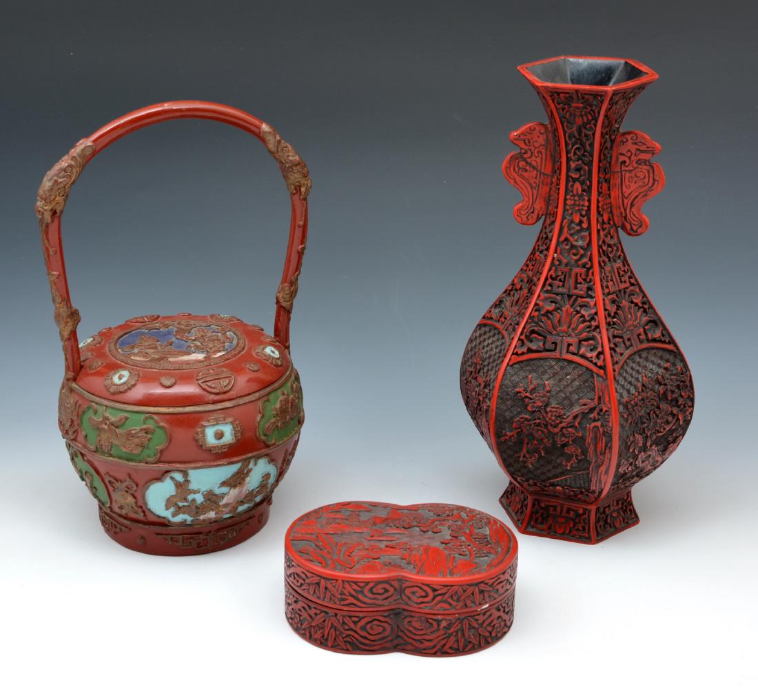 Two Chinese Cinnabar Pieces & wooden basket (1 of 8)