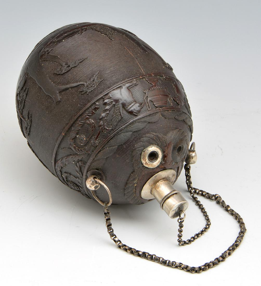 French Coconut Shell Carved Flask, 19th c, hunting (1 of 3)