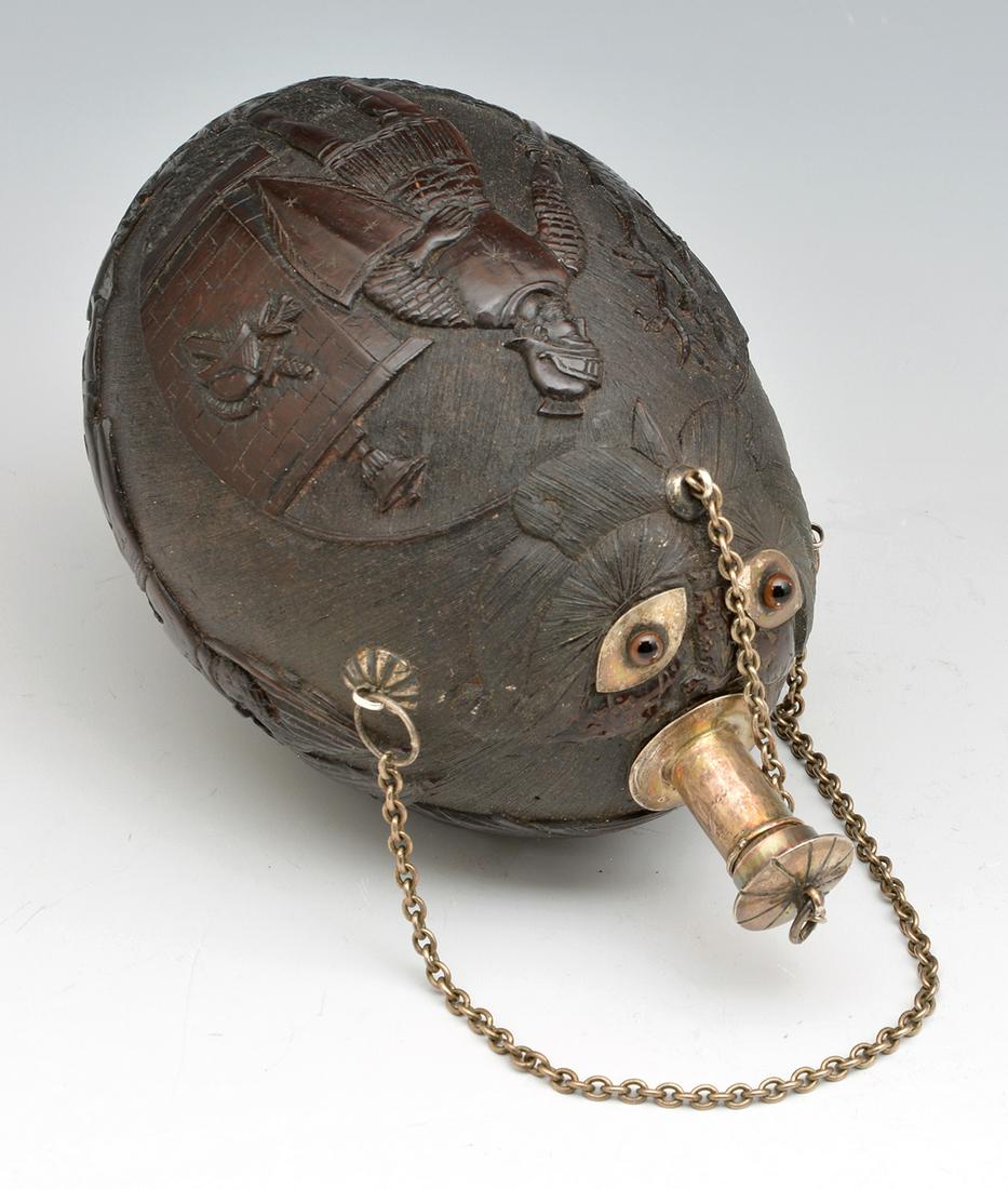French Coconut Shell Carved Flask, Napoleon (1 of 4)