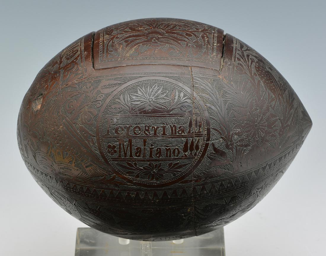 Large Coconut Shell Carving marked "Peregrina Maliano" (1 of 5)