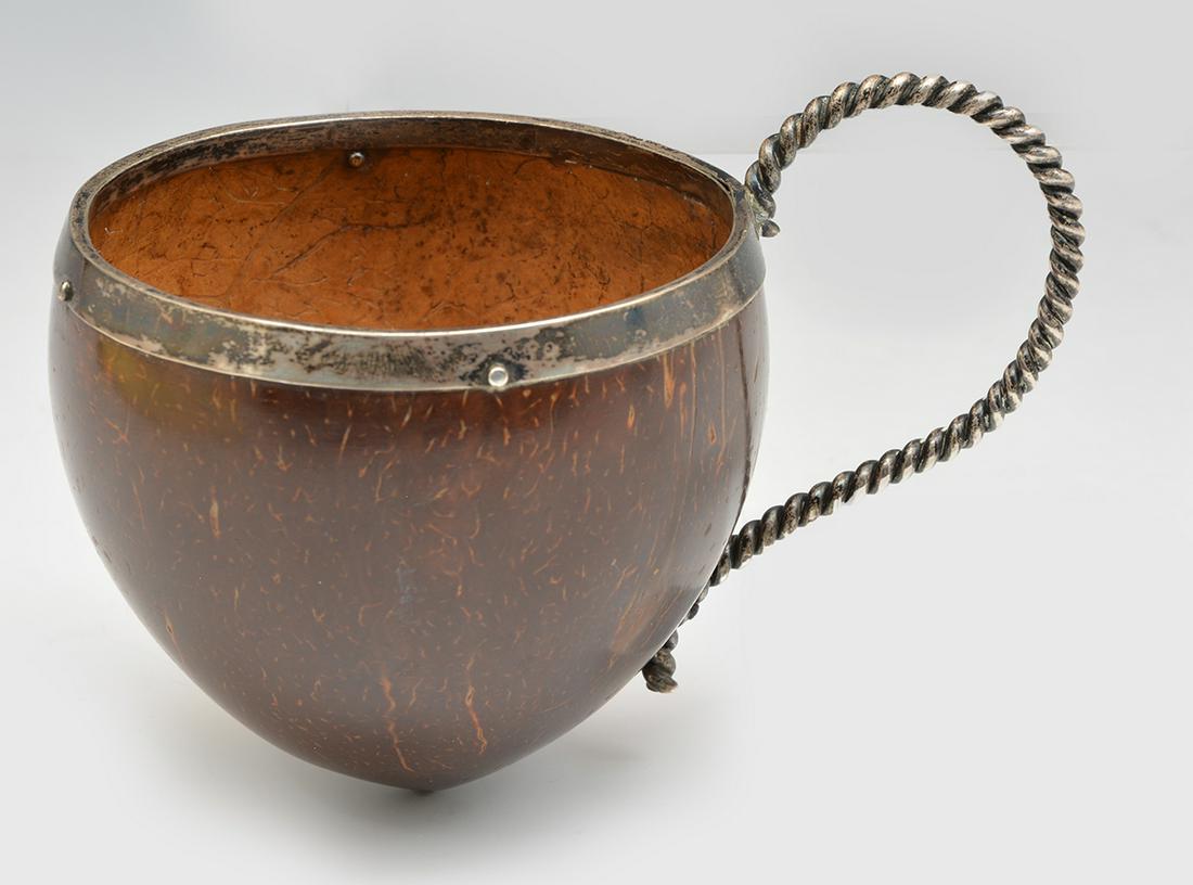 Coconut Cup with Silver Rim & Handle. 4"t (1 of 4)