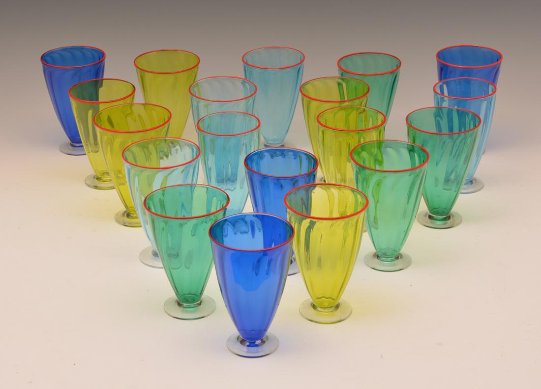 Peter Svarrer Studio Glassware, Signed "Optic" glasses.: Peter Svarrer Studio Glassware, Signed "Optic" glasses. Worked for Holmegaard, Denmark. All signed and dated in multiple colors. 19 glasses 4 1/2" to 4 3/4" tall and 1 glass 8 7/8" tall. Very good con